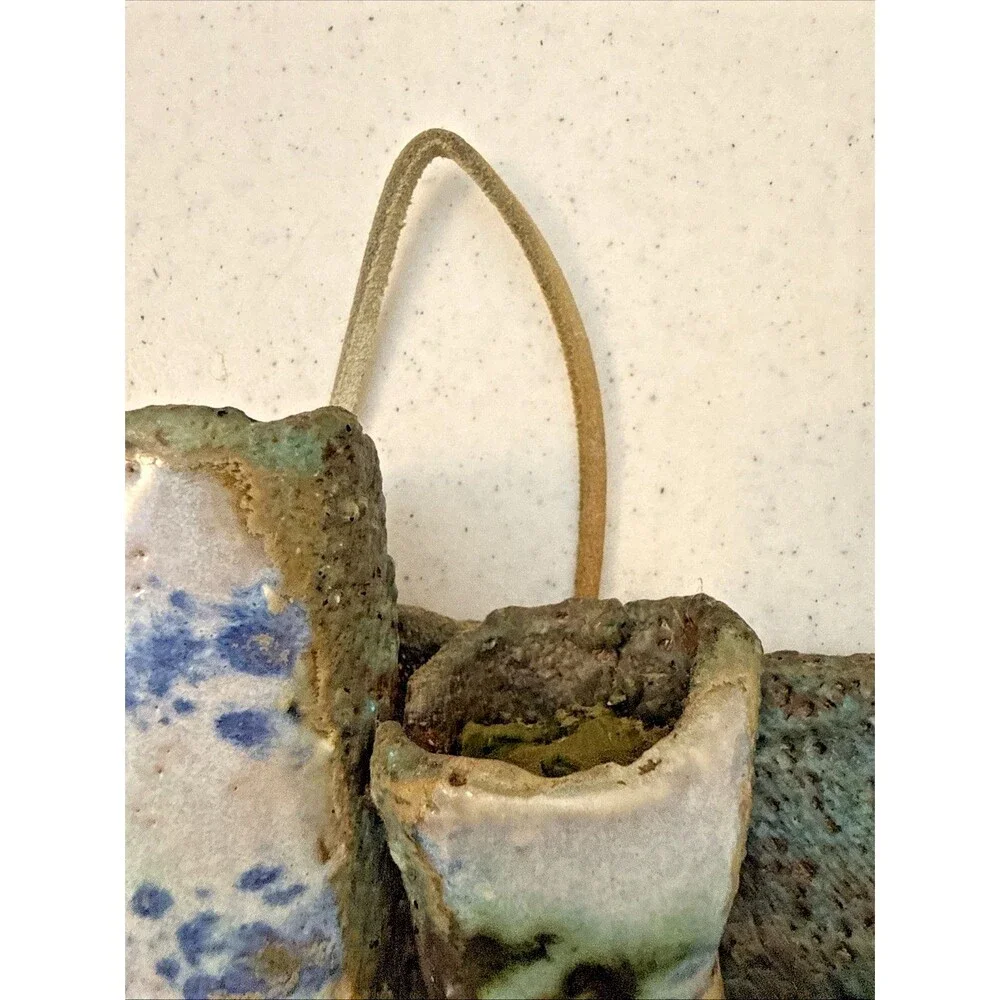 Art Pottery Wall Triple Pocket Hand Made Blue Green Speckle Neutral 9” X 9.75”